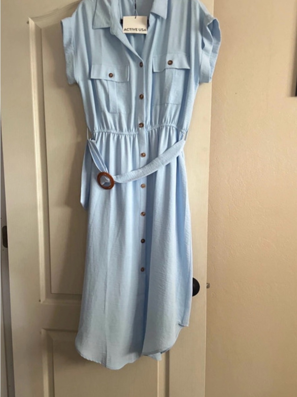 Active USA Pale Blue Button-Front Midi Shirt Dress with Belt